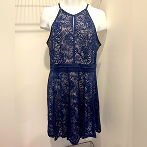 Kate Kasin | Navy Cream Lace Overlay Mini Dress | XL